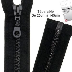 May include: Close-up of a black separating zip fastener with a matching pull tab. The zip is shown both closed and open, with the text "Séparable De 25cm à 145cm" visible. Suitable for various sewing projects.