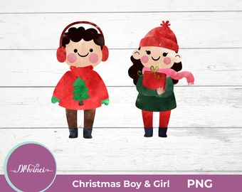 Christmas Clipart Little Boy & Girl - PNG - Personal and Commercial Use