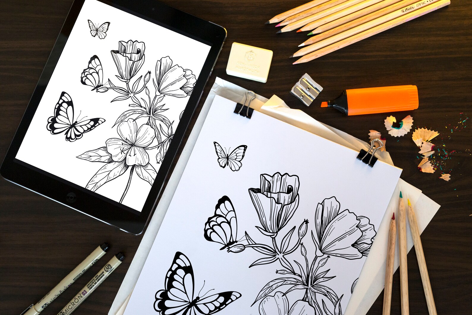 5 Butterfly and Flower Printable Coloring Pages JPEG &amp; PNG Personal and ...