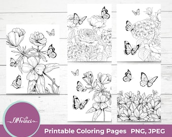5 Butterfly and Flower Printable Coloring Pages - JPEG & PNG - Personal and Commercial Use