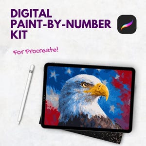 May include: Digital paint-by-number kit for Procreate. The image shows a tablet displaying a painting of an eagle with blue, white, and red colors. A white stylus is next to the tablet. The text "DIGITAL PAINT-BY-NUMBER KIT" is at the top.