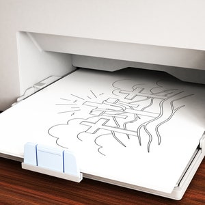 May include: A white printer with a sheet of paper in the output tray. The paper has a black and white line drawing of three crosses with a sunburst above them.