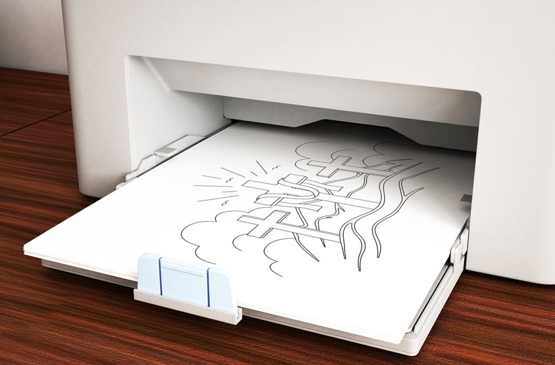 May include: A white printer with a sheet of paper in the output tray. The paper has a black and white line drawing of three crosses with a sunburst above them.