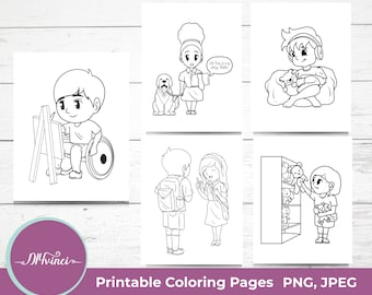May include: A set of six black and white colouring pages featuring various scenes with people and animals. The scenes include a person in a wheelchair painting, a person with a dog, a person with a teddy bear, a person with a teddy bear in a shop, and a person with a teddy bear in a room.
