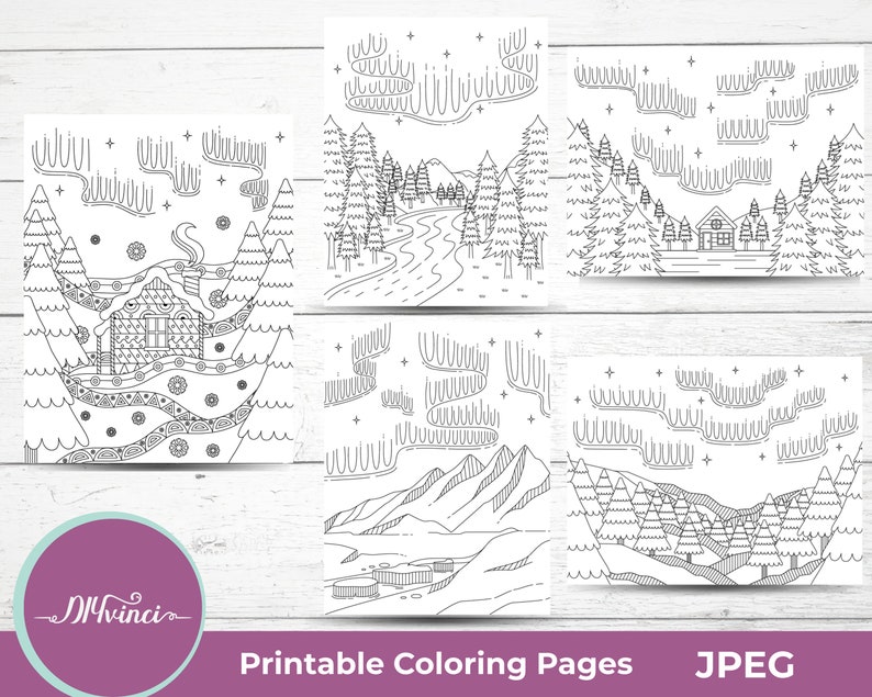 5 Northern Lights Printable Coloring Pages JPEG Personal and Commercial Use image 1
