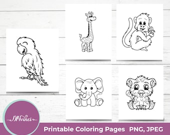 5 Children Zoo Animals Coloring Pages - JPEG & PNG - Personal and Commercial Use