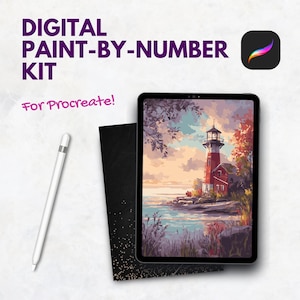 May include: Digital paint-by-number kit for Procreate. The image shows a digital painting of a lighthouse on a tablet, with a stylus and a black notepad. The lighthouse is red and white, set against a colorful sky.
