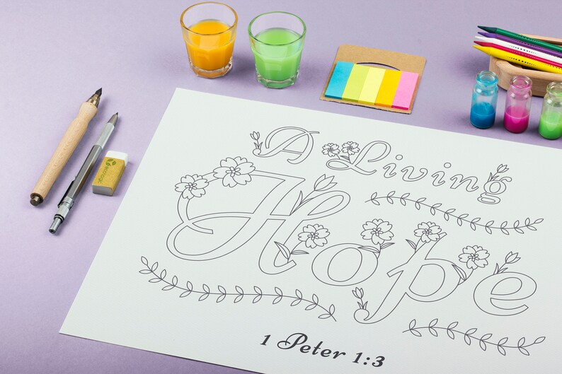 May include: A coloring page with the words "A Living Hope" and the Bible verse "1 Peter 1:3". The page features a decorative floral design around the words.