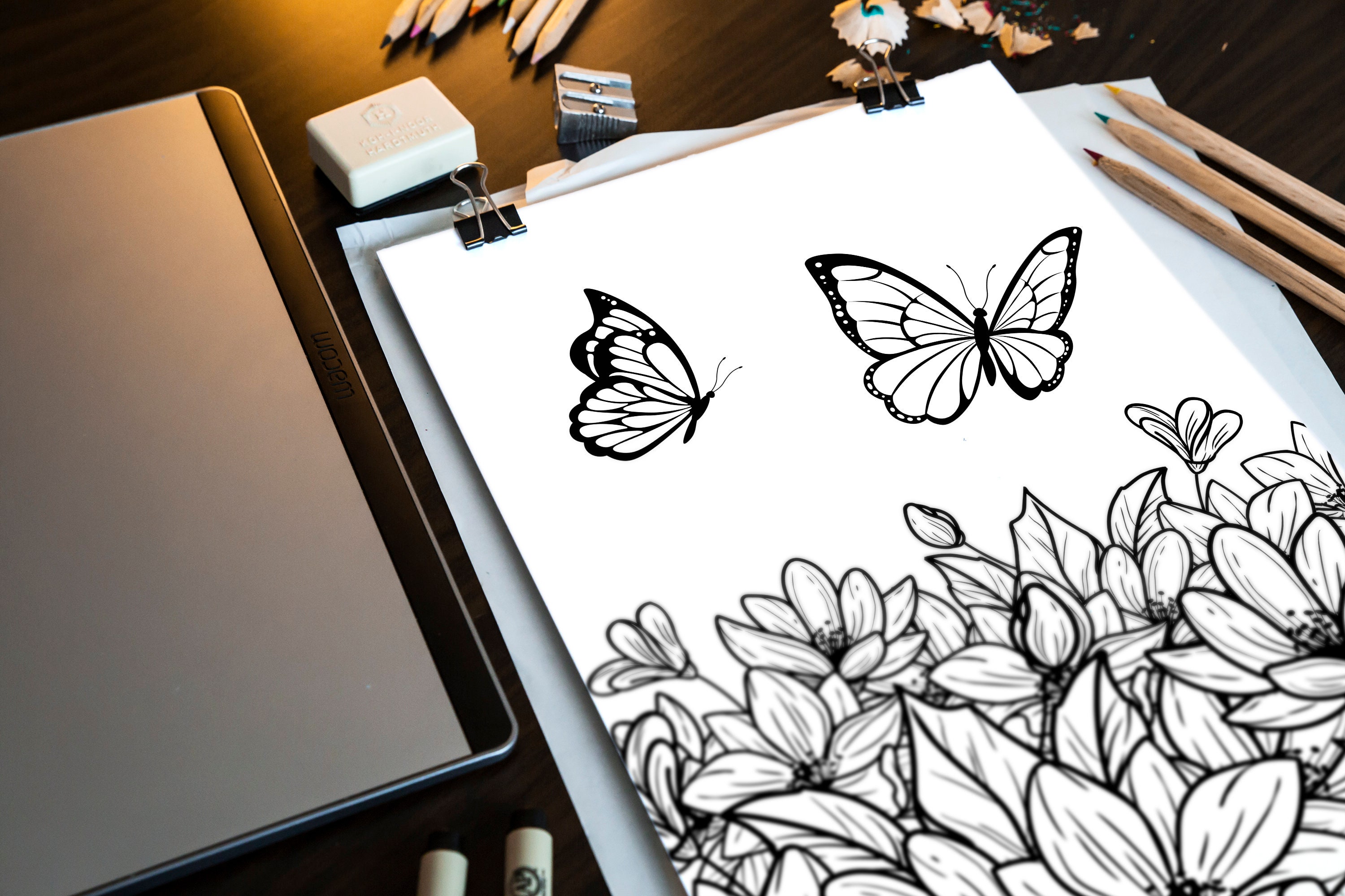 5 Butterfly and Flower Printable Coloring Pages JPEG &amp; PNG Personal and ...