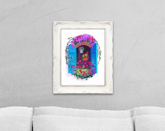 Greek Window Floral Digital Painting Print with Ornate Frame