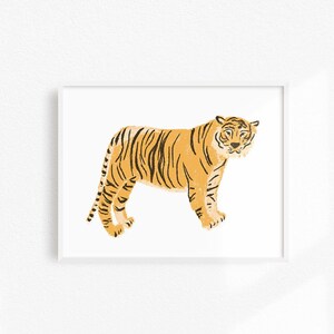May include: A digital illustration of a tiger in orange and black, standing on a white background.