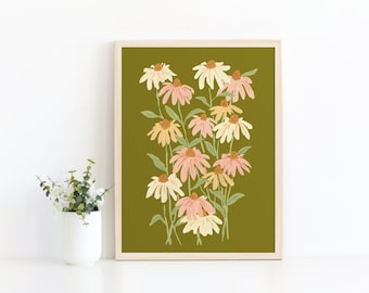 Flower Art Print, Unique Floral Wall Decor, Gift for Her, Coneflowers, Green Floral Artwork, Painted Flower Print, Boho Home Decor