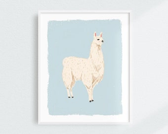May include: A white llama with a light blue background. The llama is standing on all four legs and looking to the right. The background is a light blue color with a textured look.