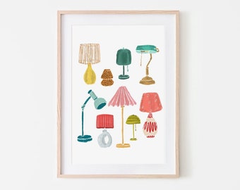 Vintage Lamps Wall Art, Midcentury Modern Lamps Art Print, Midcentury Decor, Vintage Style Living Room Art, Home Gift, Unique Bedroom Art