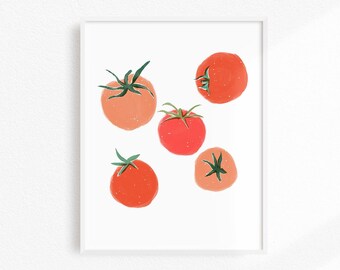 May include: Five red and orange tomatoes with green stems on a white background. The tomatoes are arranged in a random pattern.