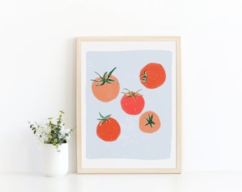 May include: A framed print with a light blue background featuring five red and orange tomatoes with green stems and leaves.