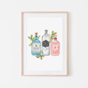 Bar Wall Art, Bar Cart Artwork, Gin Bottles Art, Alcohol Art Print, Gin Art, Bar Area Decor, Gallery Wall Art, Cocktail Illustration