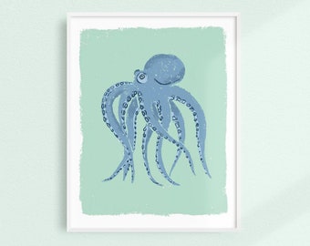 Beach House Wall Art, Octopus Wall Art, Cute Octopus Artwork, Kids Room Wall Art, Boys Decor, Nursery Decor, Ocean Animal Art, Octopus Print