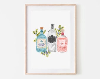 Bar Wall Art, Bar Cart Artwork, Gin Bottles Art, Alcohol Art Print, Gin Art, Bar Area Decor, Gallery Wall Art, Cocktail Illustration