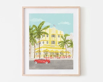 Leslie Hotel Miami Wall Art, Miami Scene Painting, Colorful Miami Art Print, Vintage Florida Hotel Wall Hanging, Vintage Beach Hotel Poster