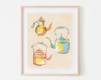 Colorful Kettles, Tea Pots Wall Art, Tea Kettle Kitchen Art Print, Bright Colorful Room Decor, Tea Lover Wall Hanging, Vintage Kettle Poster