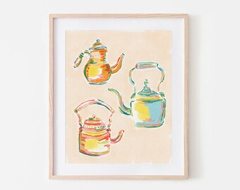 Colorful Kettles, Tea Pots Wall Art, Tea Kettle Kitchen Art Print, Bright Colorful Room Decor, Tea Lover Wall Hanging, Vintage Kettle Poster