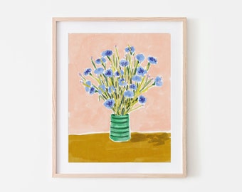 Colorful Floral Wall Art, Blue Flowers Art Print, Floral Still Life Wall Hanging, Floral Poster, Cute Nursery Artwork, Floral Bedroom Art