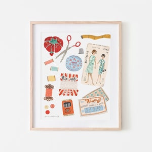 Vintage Sewing Supplies Wall Art, Sewing Room Art Print, Seamstress Decor, Vintage Sewing Room Art, Gift for Her, Fashion Artwork