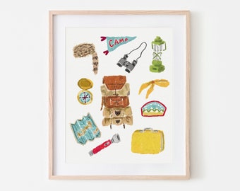 Vintage Camping Gear Wall Art, Kids Room Camping Art Print, Boy Scout Theme Room Decor, Kids Bedroom Art, Vintage Outdoor Camping Artwork