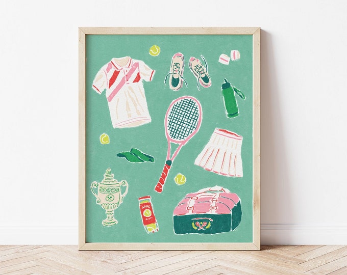 Tennis Club Illustrated Art Print, Colorful Sporty Wall Decor, Painted Artwork ft. Apparel and Gear for Tennis Lovers and Wimbledon Fans