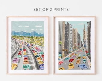 Set of 2 Prints, New York LA Poster, Bicoastal Artwork, East Coast West Coast Art, City Wall Decor, NYC Art Print, Los Angeles Art Print