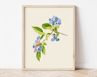 Botanical Wall Art, Berry Branch Art Print, Floral Nature Decor, Unique Room Poster, Gift for Her, New Home Gift, Blueberry Wall Hanging