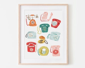 Vintage Phones Wall Art, 1980s Antiques Art Print, 1990s Decor, Vintage Style Living Room Art, Antique Aesthetic Home Gift, Phones Artwork