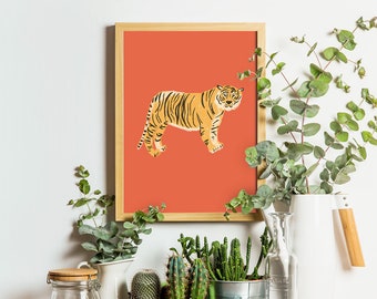Obra de arte de tigre, impresión artística de tigre, impresión de jungla, decoración de guardería de jungla, decoración de tigre rojo, gato de la jungla, impresión de guardería de tigre, decoración de jungla