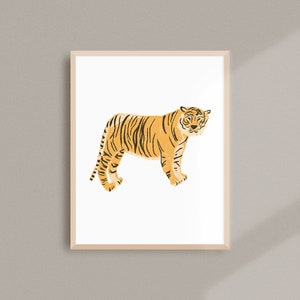 May include: A framed illustration of a tiger with orange and black stripes standing on a white background.