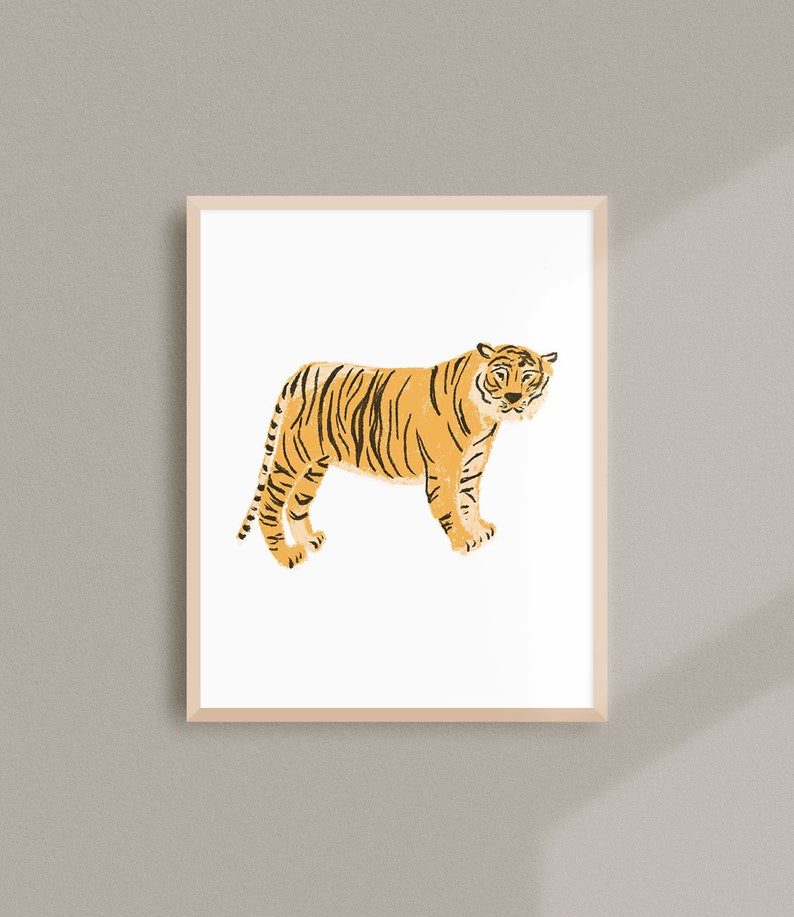 May include: A framed illustration of a tiger with orange and black stripes standing on a white background.
