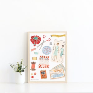 May include: A vintage-style illustration of sewing supplies, including a red pincushion, scissors, spools of thread, buttons, a thimble, a measuring tape, and a vintage sewing pattern. The pattern is for a dress and includes the text "Butterick 2149".