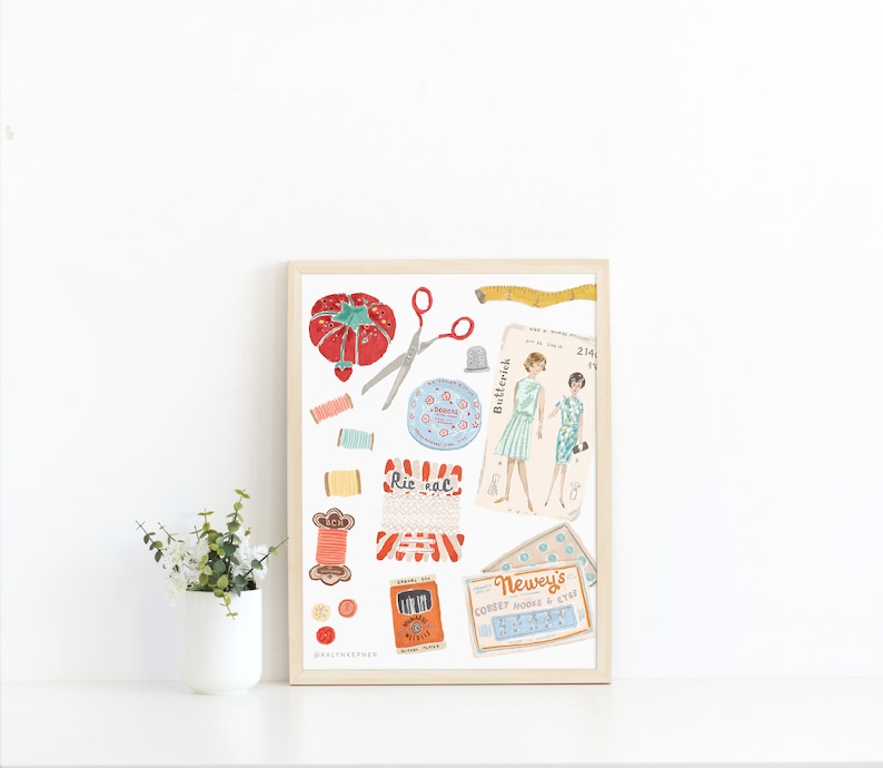 May include: A vintage-style illustration of sewing supplies, including a red pincushion, scissors, spools of thread, buttons, a thimble, a measuring tape, and a vintage sewing pattern. The pattern is for a dress and includes the text "Butterick 2149".