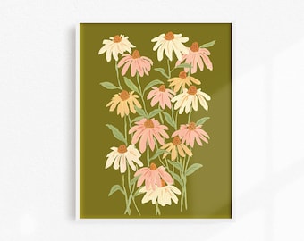 Wildflower Art Print, Unique Floral Wall Decor, Gift for Her, Coneflowers, Pink Floral Artwork, Painted Flower Print, Bohemian Home Decor