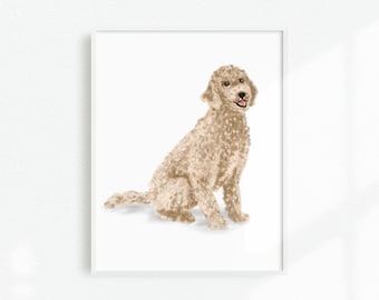 May include: A framed print featuring a light brown Goldendoodle dog in a sitting position. The dog has a fluffy coat and is depicted with a happy expression. The artwork is set against a white background.