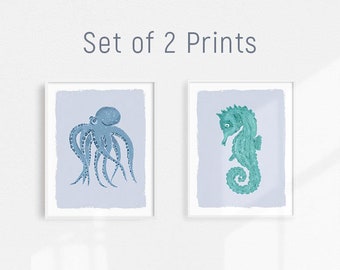 Set of 2 Beach House Wall Art, Ocean Nursery Decor, Sea Creatures Wall Art Set, Octopus Print, Seahorse Artwork, Sea Life Print, Beach Decor