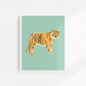 May include: A digital illustration of a tiger standing on a light blue background. The tiger is orange with black stripes.