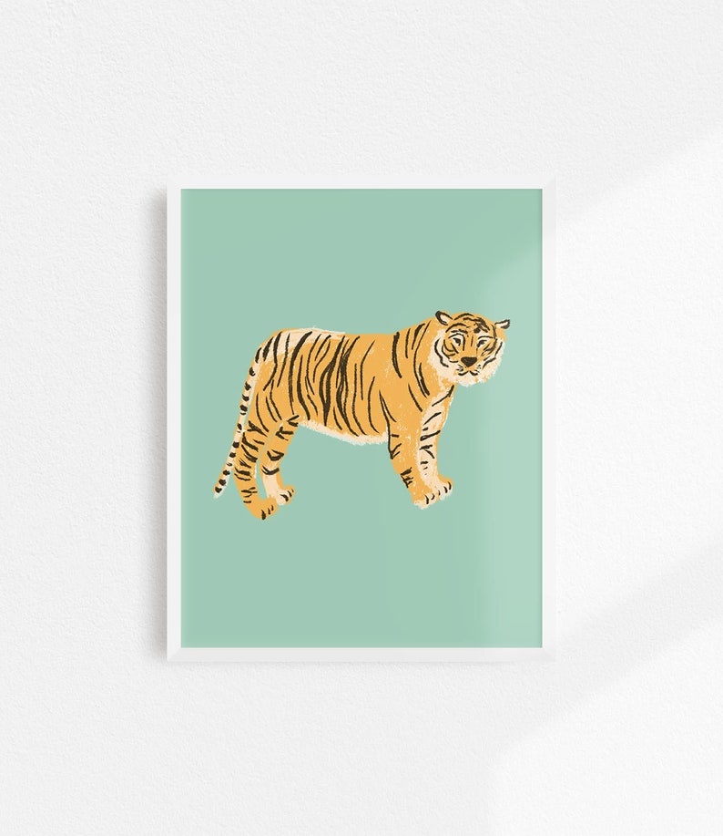 May include: A digital illustration of a tiger standing on a light blue background. The tiger is orange with black stripes.