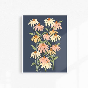 Blue Botanical Art Print, Floral Wall Decor, Wildflower Art, Gift for Her, Coneflowers, Floral Artwork, Painted Flower Print, Boho Decor