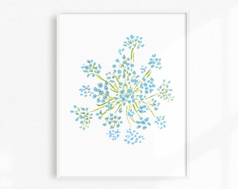 Puede incluir: Una impresión enmarcada de una flor azul estilizada con tallos verdes sobre un fondo blanco.