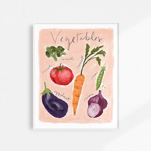 Puede incluir: Un fondo rosa con la palabra "Vegetales" escrita en cursiva negra. Hay ilustraciones de varias verduras, incluyendo un tomate, una zanahoria, br&oacute;coli, berenjena, cebolla, guisantes y una jud&iacute;a verde.