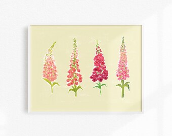 Impresión de flores en acuarela, impresión artística de dedaleras rosas, decoración floral rosa para el hogar, obra de arte de dedaleras rosas, impresión artística de flores en acuarela, arte infantil