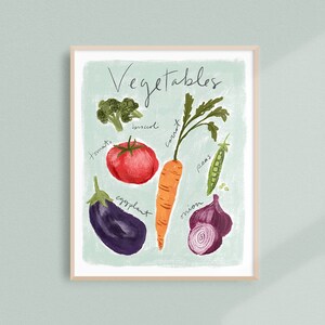 May include: A light blue background with the word "Vegetables" written in black cursive.  There are illustrations of various vegetables, including a tomato, carrot, eggplant, onion, broccoli, and peas.