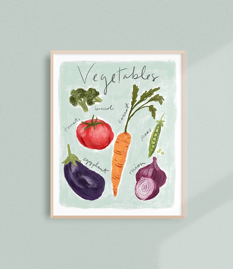 May include: A light blue background with the word "Vegetables" written in black cursive.  There are illustrations of various vegetables, including a tomato, carrot, eggplant, onion, broccoli, and peas.