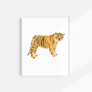 May include: A digital illustration of a tiger with orange and black stripes standing on a white background.